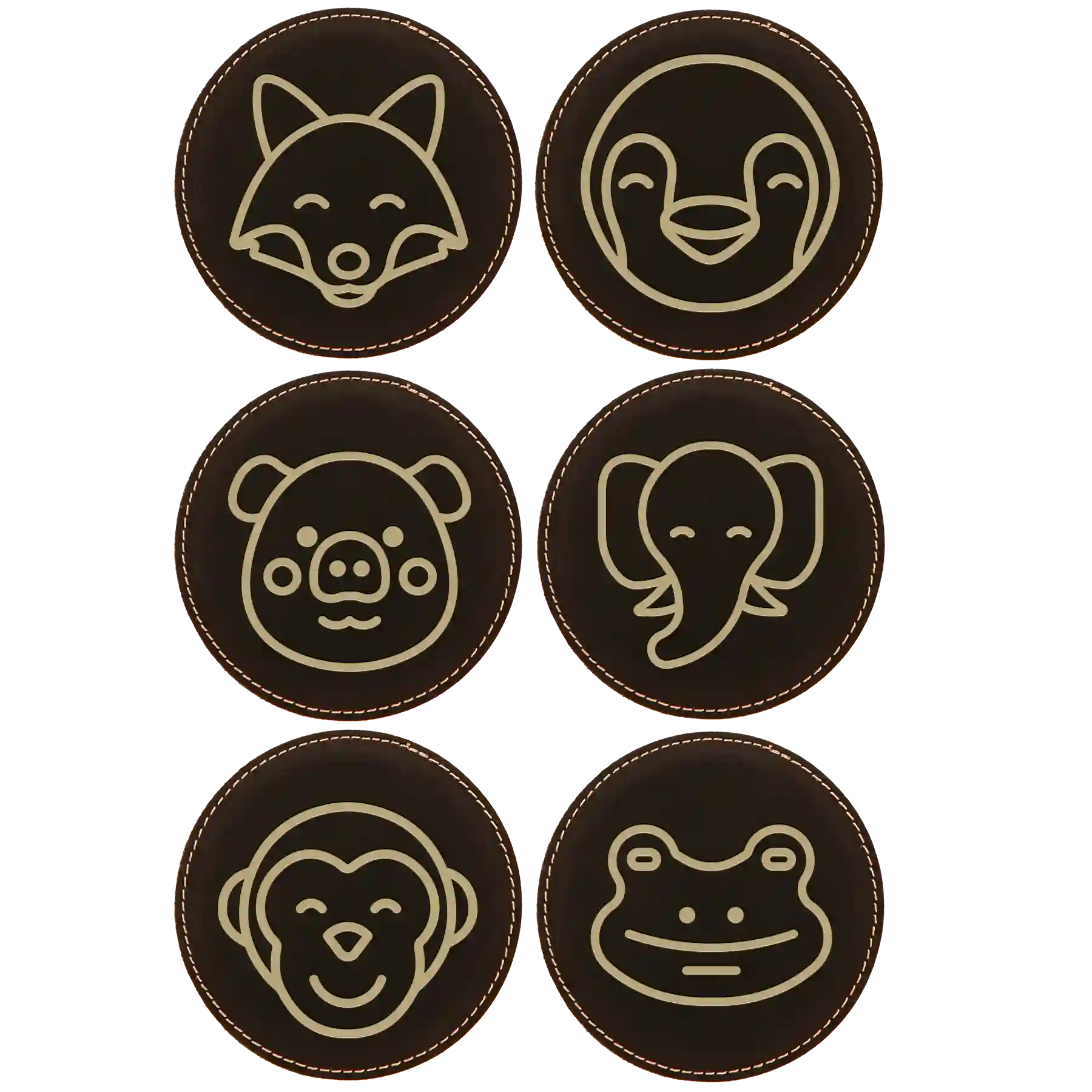 Black/Gold round leatherette coasters set of 6 laser etched with 'Animal Theme' designs