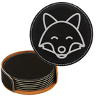 Black/Silver round leatherette coasters set and holder laser etched with 'Animal Theme' design