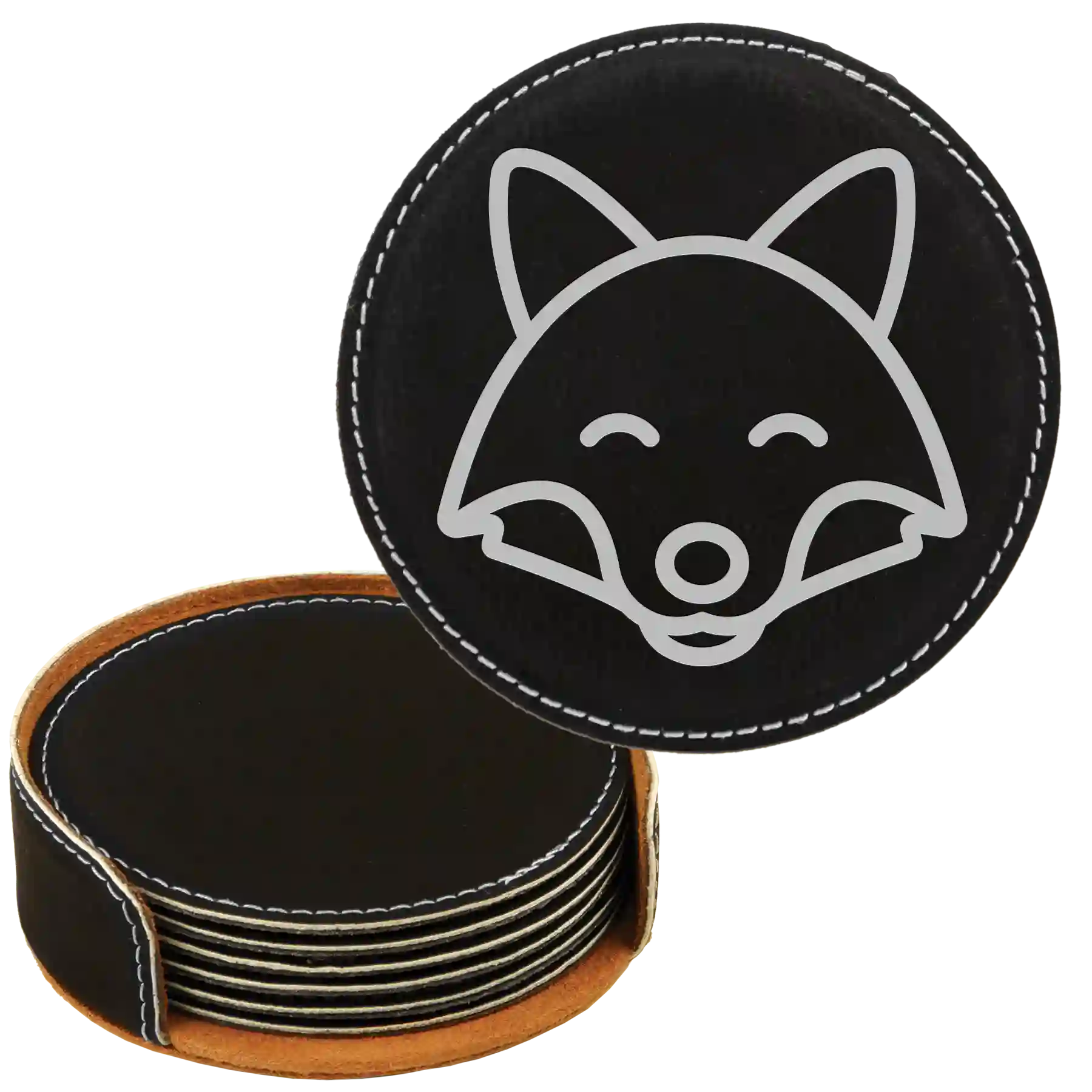 Black/Silver round leatherette coasters set and holder laser etched with 'Animal Theme' design