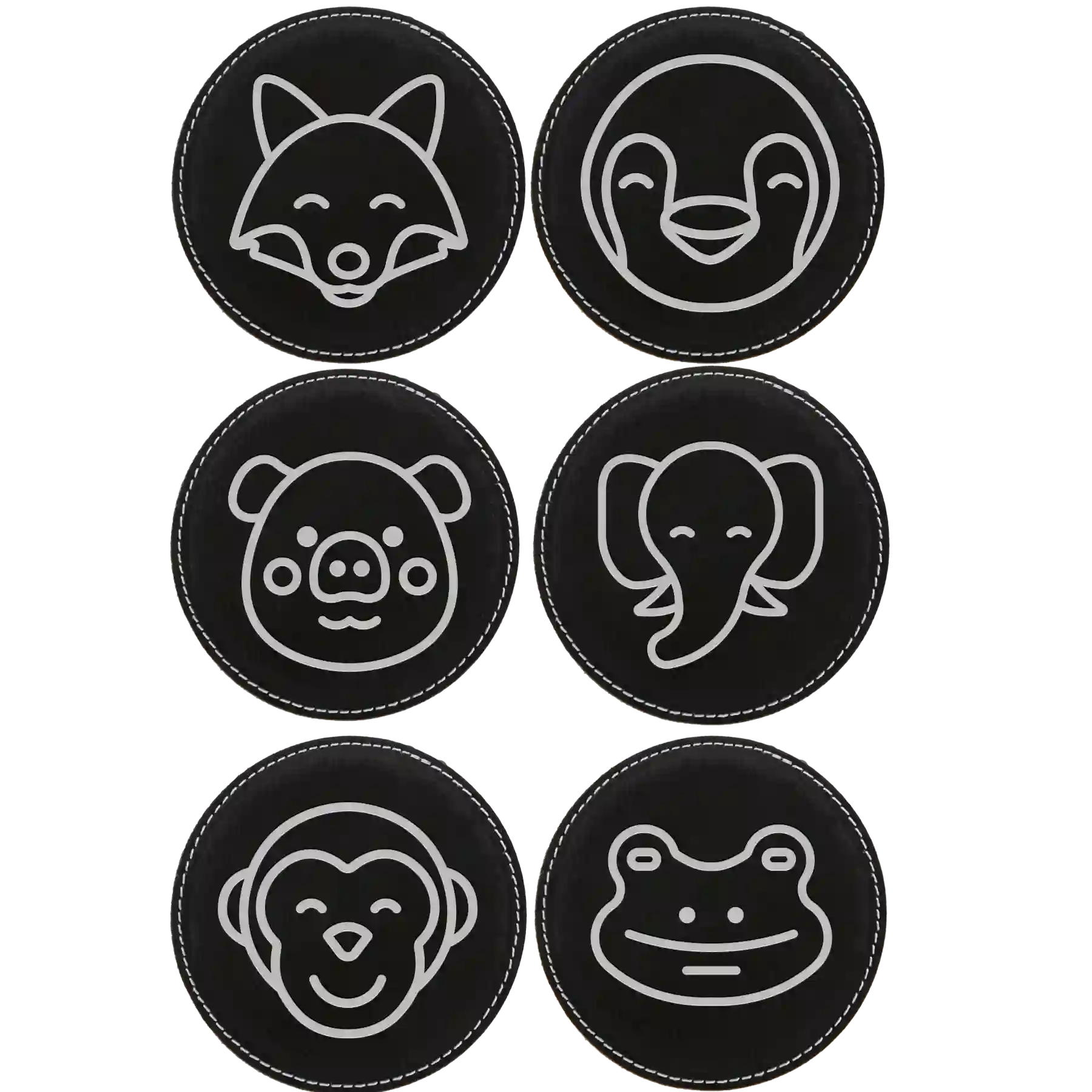 Black/Silver round leatherette coasters set of 6 laser etched with 'Animal Theme' designs