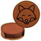Rawhide round leatherette coasters set and holder laser etched with 'Animal Theme' design