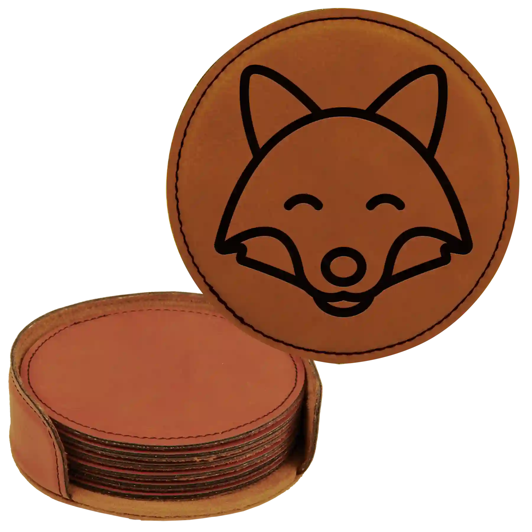 Rawhide round leatherette coasters set and holder laser etched with 'Animal Theme' design