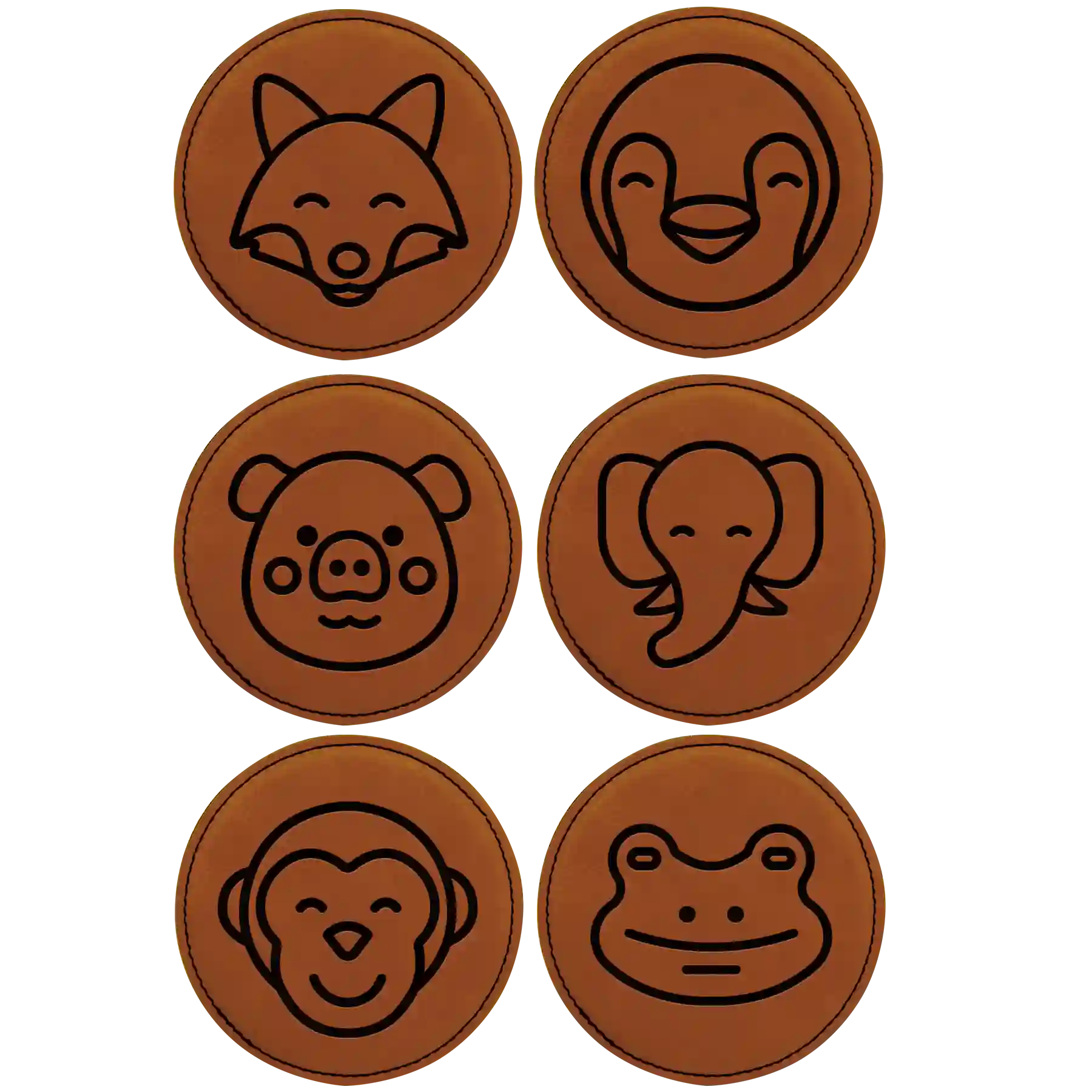 Rawhide round leatherette coasters set of 6 laser etched with 'Animal Theme' designs