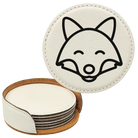 White round leatherette coasters set and holder laser etched with 'Animal Theme' design