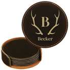 Black/Gold round leatherette coasters set and holder with personalized 'Antler Family Name' design
