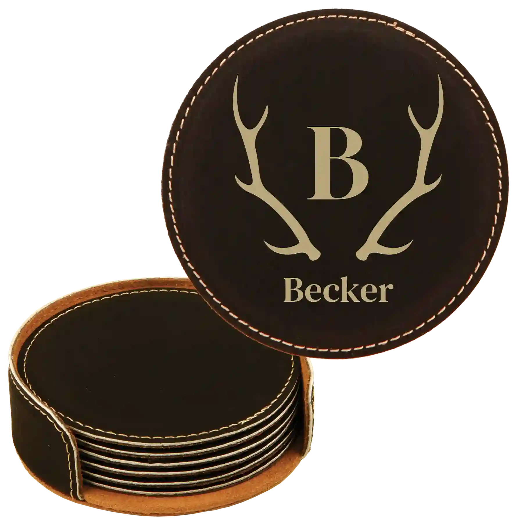 Black/Gold round leatherette coasters set and holder with personalized 'Antler Family Name' design