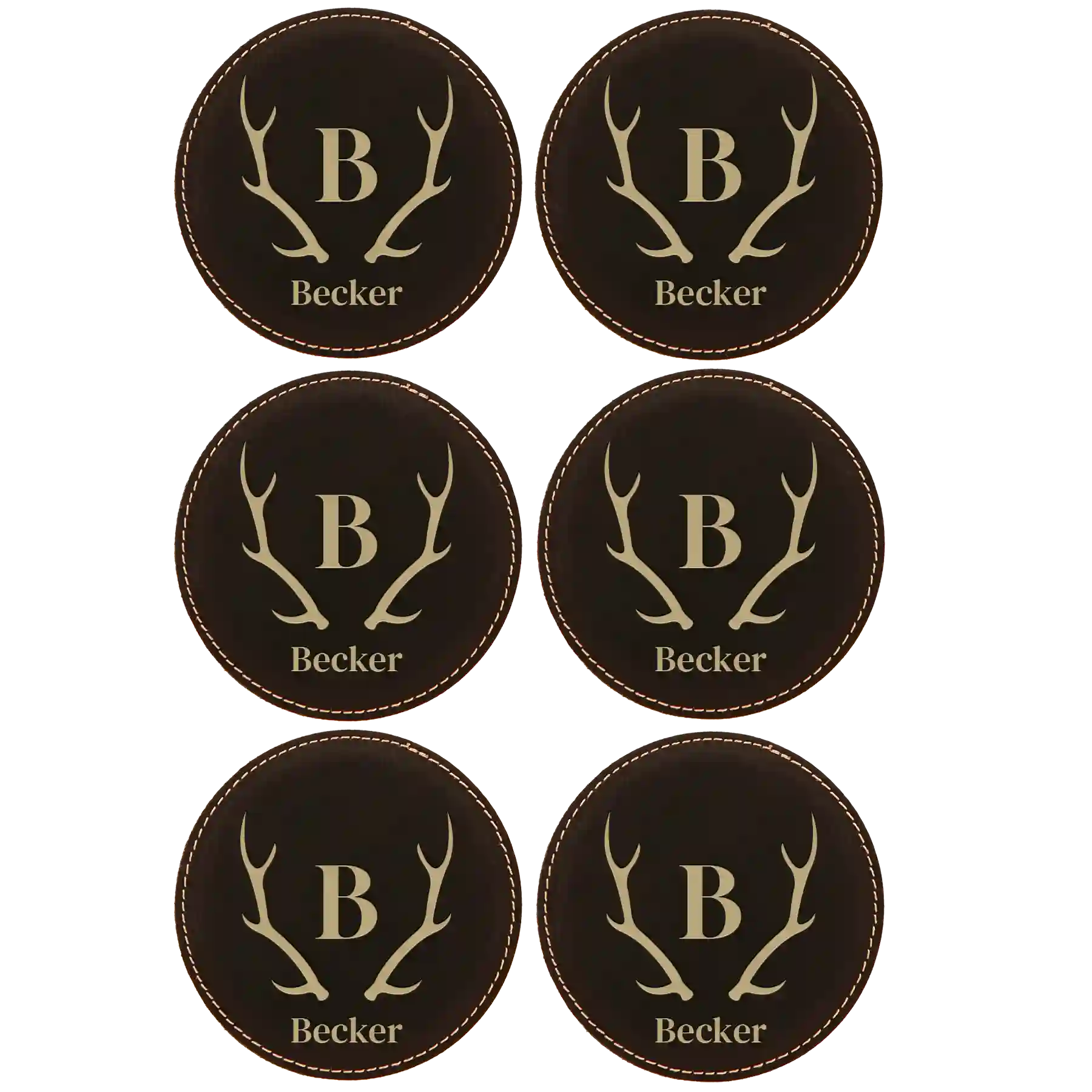 Black/Gold round leatherette coasters set of 6 with personalized 'Antler Family Name' designs