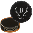 Black/Silver round leatherette coasters set and holder with personalized 'Antler Family Name' design
