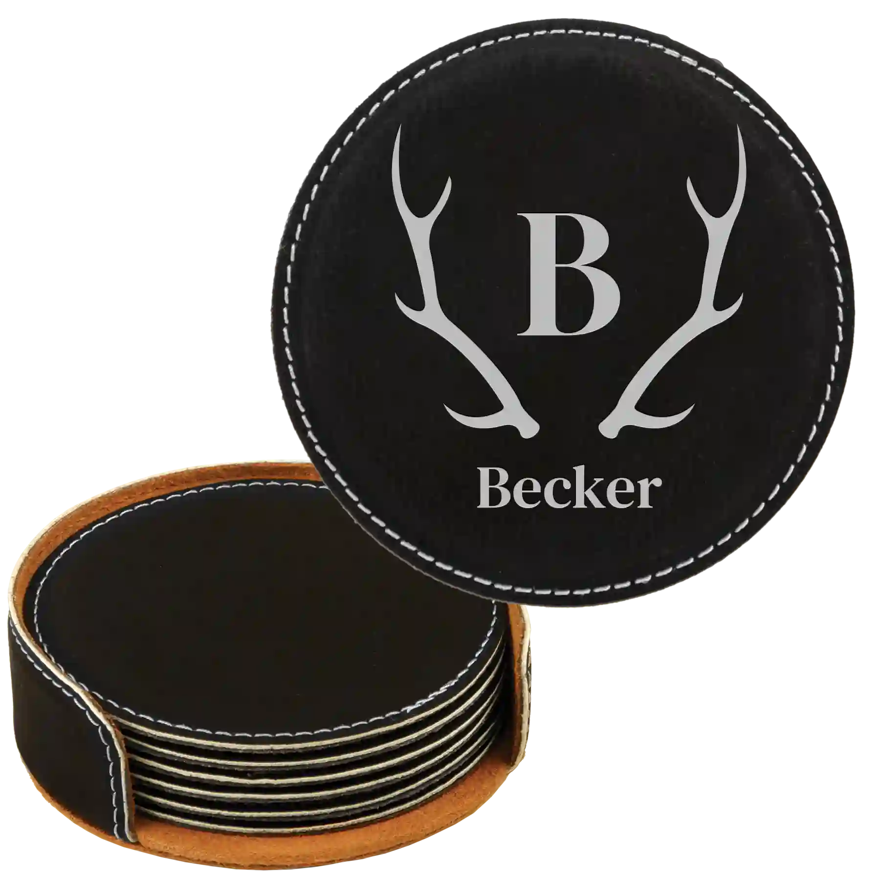 Black/Silver round leatherette coasters set and holder with personalized 'Antler Family Name' design