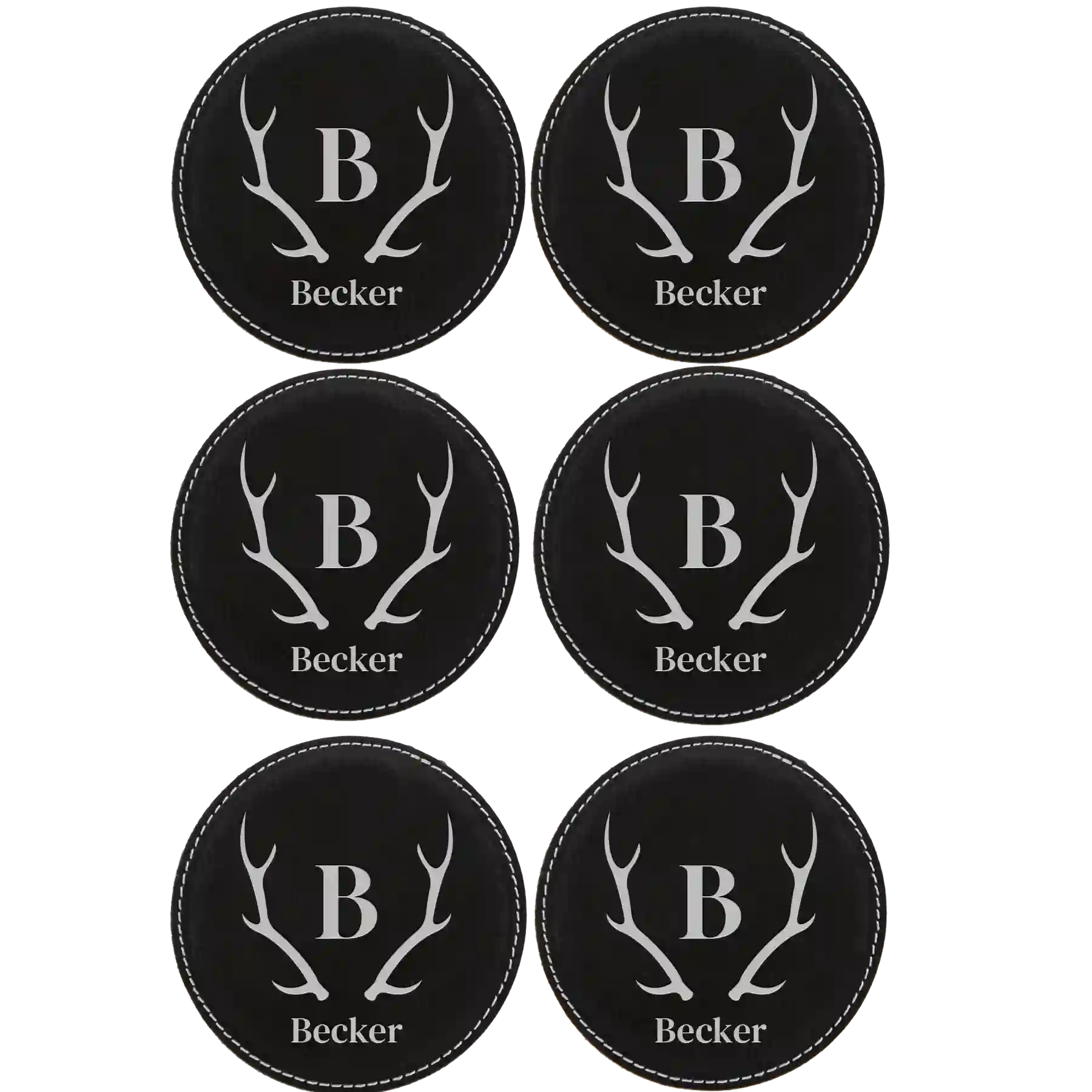 Black/Silver round leatherette coasters set of 6 with personalized 'Antler Family Name' designs