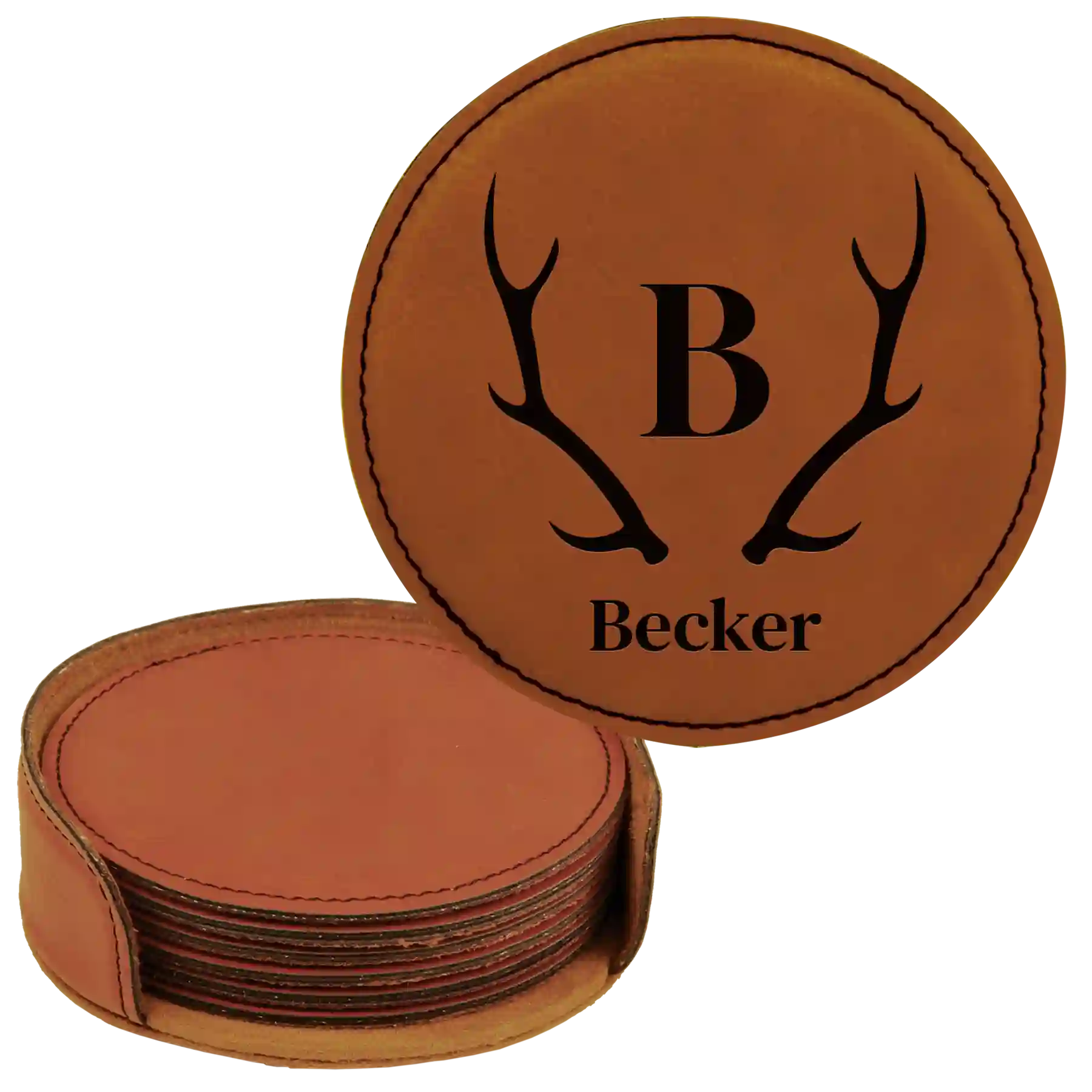 Rawhide round leatherette coasters set and holder with personalized 'Antler Family Name' design