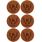Rawhide round leatherette coasters set of 6 with personalized 'Antler Family Name' designs