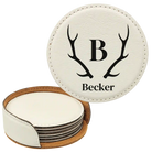 White round leatherette coasters set and holder with personalized 'Antler Family Name' design
