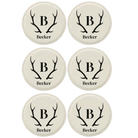 White round leatherette coasters set of 6 with personalized 'Antler Family Name' designs