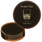 Black/Gold round leatherette coasters set and holder with personalized 'Bar EST' design