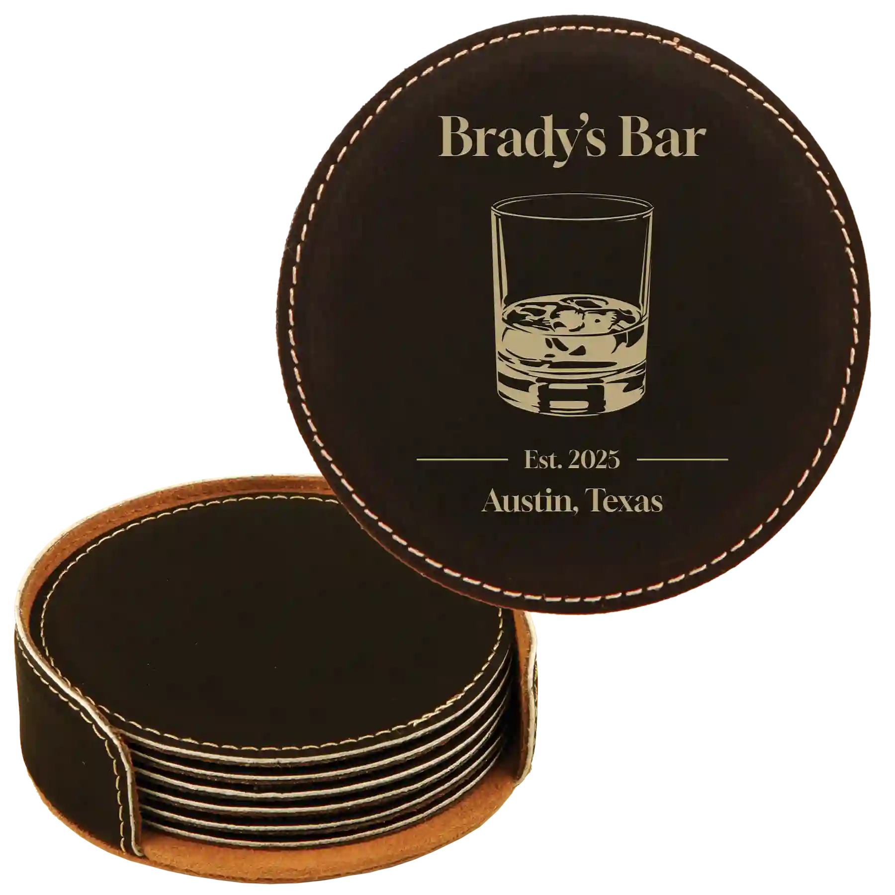 Black/Gold round leatherette coasters set and holder with personalized 'Bar EST' design