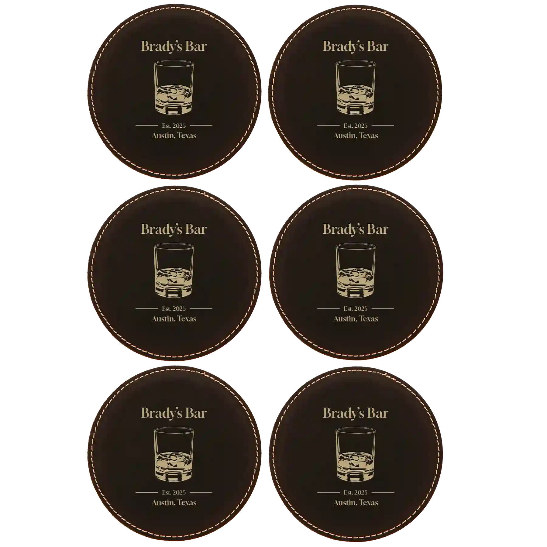 Black/Gold round leatherette coasters set of 6 with personalized 'Bar EST' designs