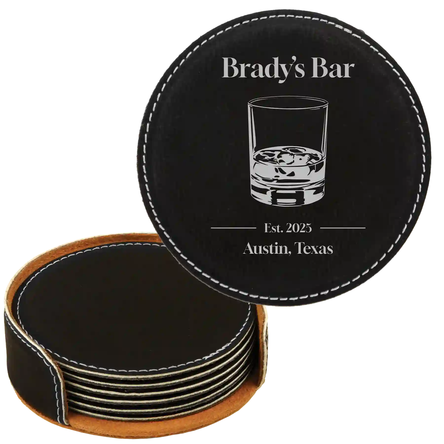 Black/Silver round leatherette coasters set and holder with personalized 'Bar EST' design