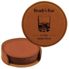Rawhide round leatherette coasters set and holder with personalized 'Bar EST' design