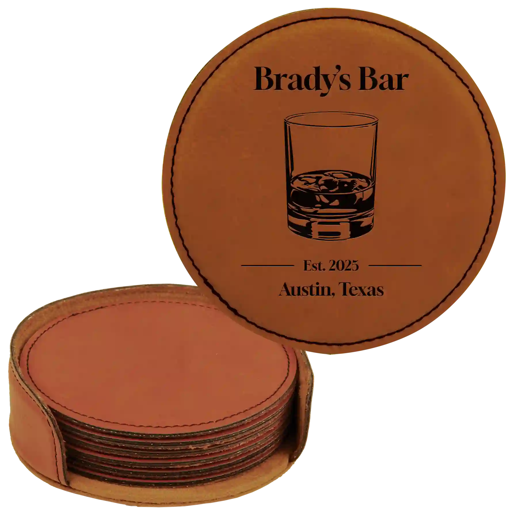 Rawhide round leatherette coasters set and holder with personalized 'Bar EST' design