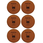 Rawhide round leatherette coasters set of 6 with personalized 'Bar EST' designs