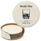 White round leatherette coasters set and holder with personalized 'Bar EST' design