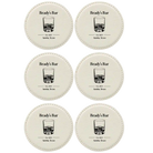 White round leatherette coasters set of 6 with personalized 'Bar EST' designs