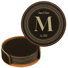 Black/Gold round leatherette coasters set and holder with personalized 'Circle Design with Initial' design