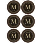 Black/Gold round leatherette coasters set of 6 with personalized 'Circle Design with Initial' designs