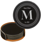 Black/Silver round leatherette coasters set and holder with personalized 'Circle Design with Initial' design
