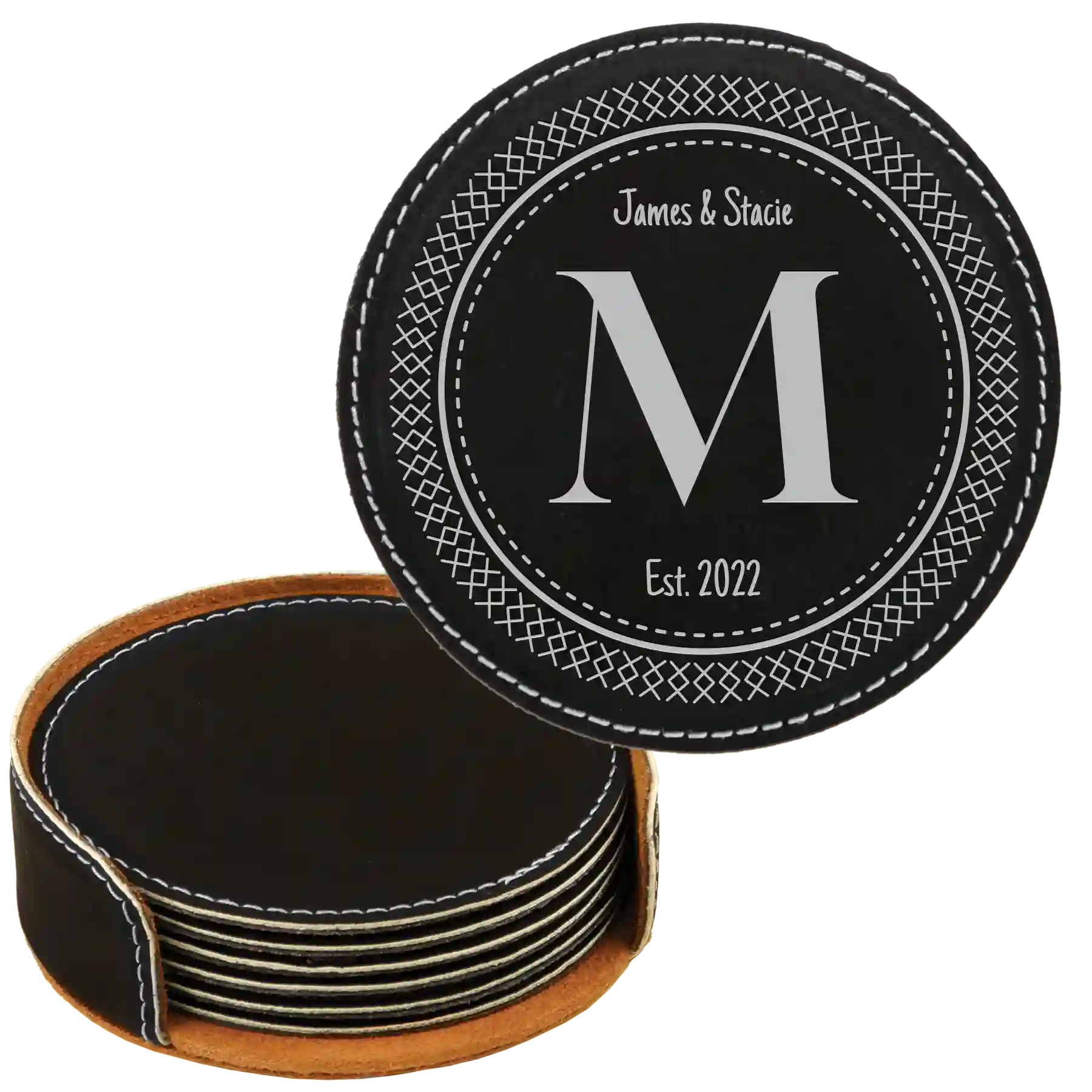 Black/Silver round leatherette coasters set and holder with personalized 'Circle Design with Initial' design