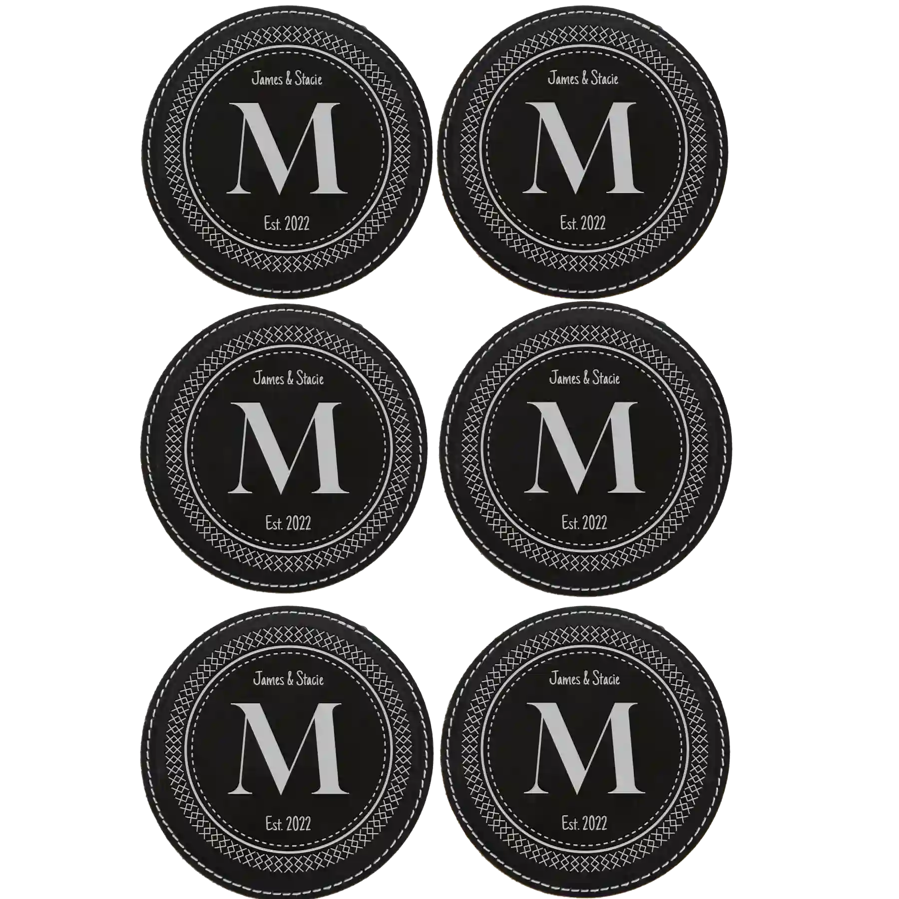Black/Silver round leatherette coasters set of 6 with personalized 'Circle Design with Initial' designs