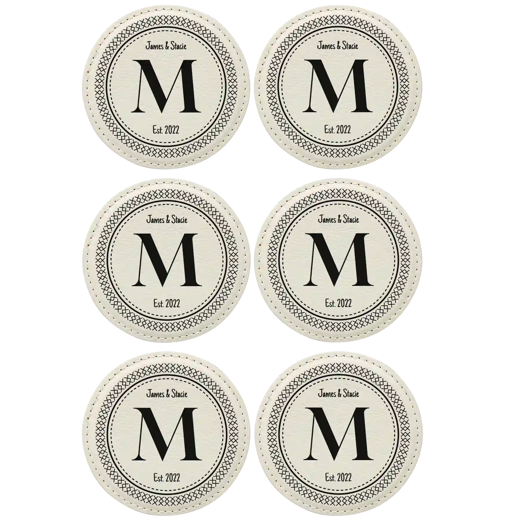 White round leatherette coasters set of 6 with personalized 'Circle Design with Initial' designs