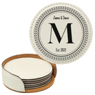 White round leatherette coasters set and holder with personalized 'Circle Design with Initial' design