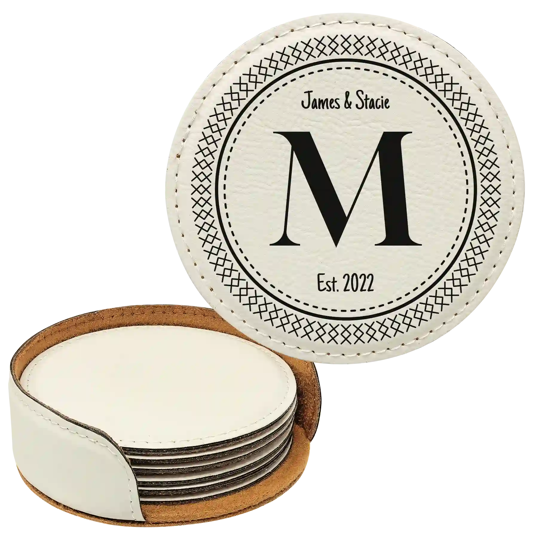 White round leatherette coasters set and holder with personalized 'Circle Design with Initial' design