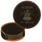Black/Gold round leatherette coasters set and holder with personalized 'Camping Trip' design