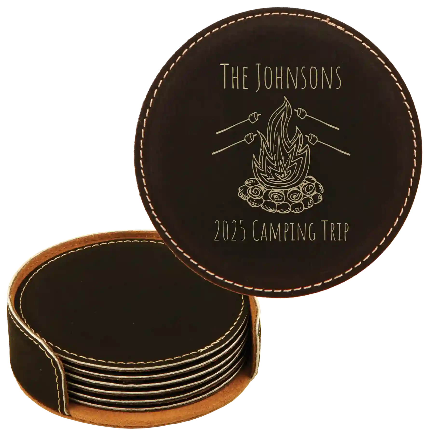 Black/Gold round leatherette coasters set and holder with personalized 'Camping Trip' design