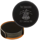 Black/Silver round leatherette coasters set and holder with personalized 'Camping Trip' design