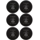 Black/Silver round leatherette coasters set of 6 with personalized 'Camping Trip' designs