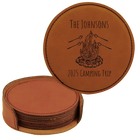 Rawhide round leatherette coasters set and holder with personalized 'Camping Trip' design