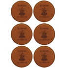 Rawhide round leatherette coasters set of 6 with personalized 'Camping Trip' designs