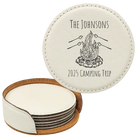 White round leatherette coasters set and holder with personalized 'Camping Trip' design