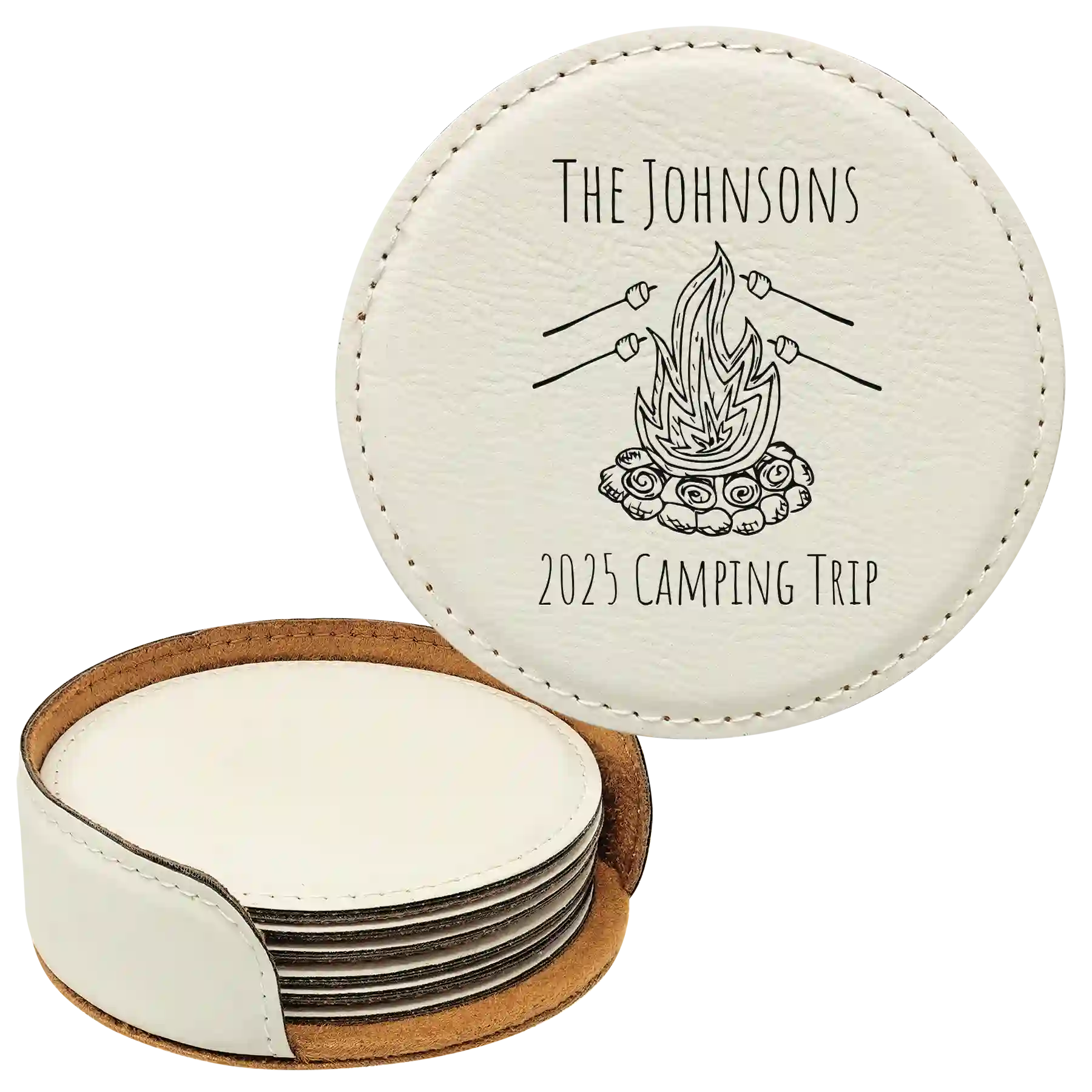 White round leatherette coasters set and holder with personalized 'Camping Trip' design
