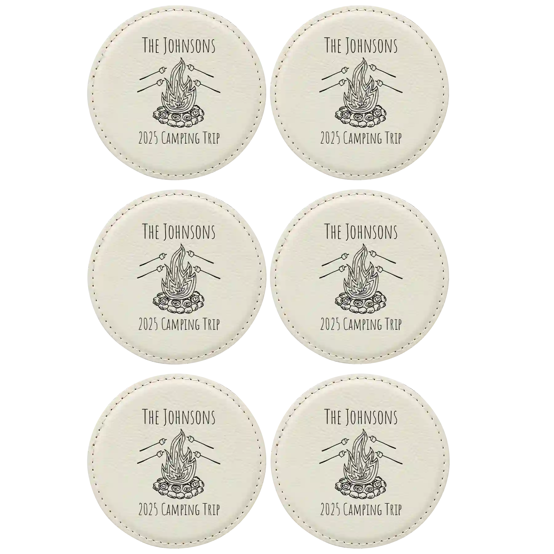 White round leatherette coasters set of 6 with personalized 'Camping Trip' designs