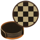 Black/Gold round leatherette coasters set and holder laser etched with 'Checkered' design