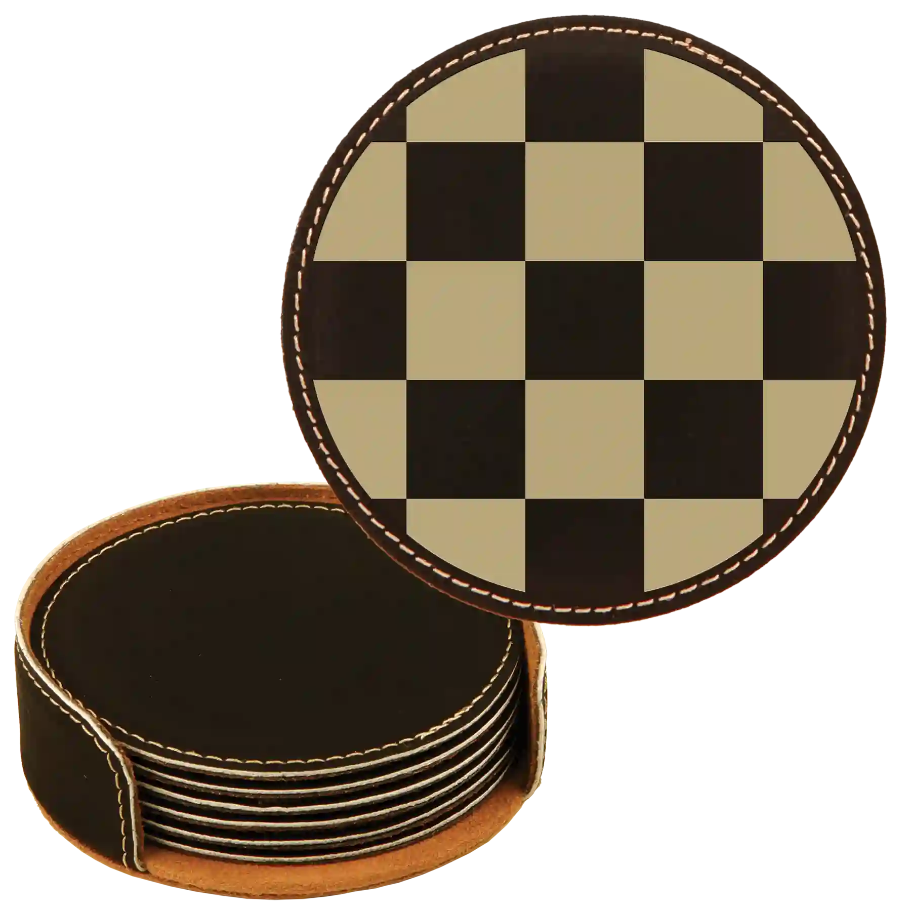 Black/Gold round leatherette coasters set and holder laser etched with 'Checkered' design