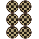 Black/Gold round leatherette coasters set of 6 laser etched with 'Checkered' designs