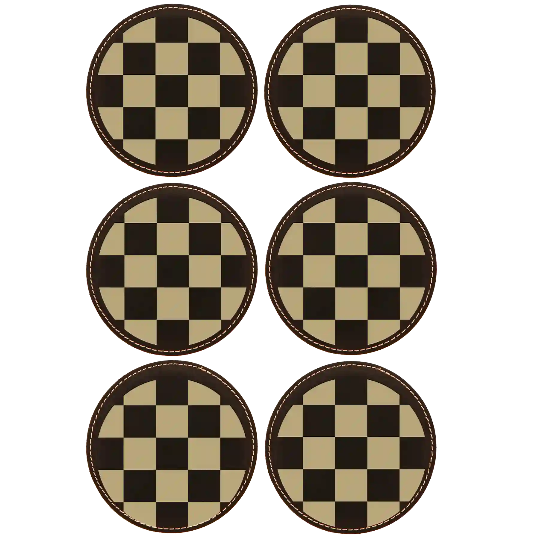 Black/Gold round leatherette coasters set of 6 laser etched with 'Checkered' designs