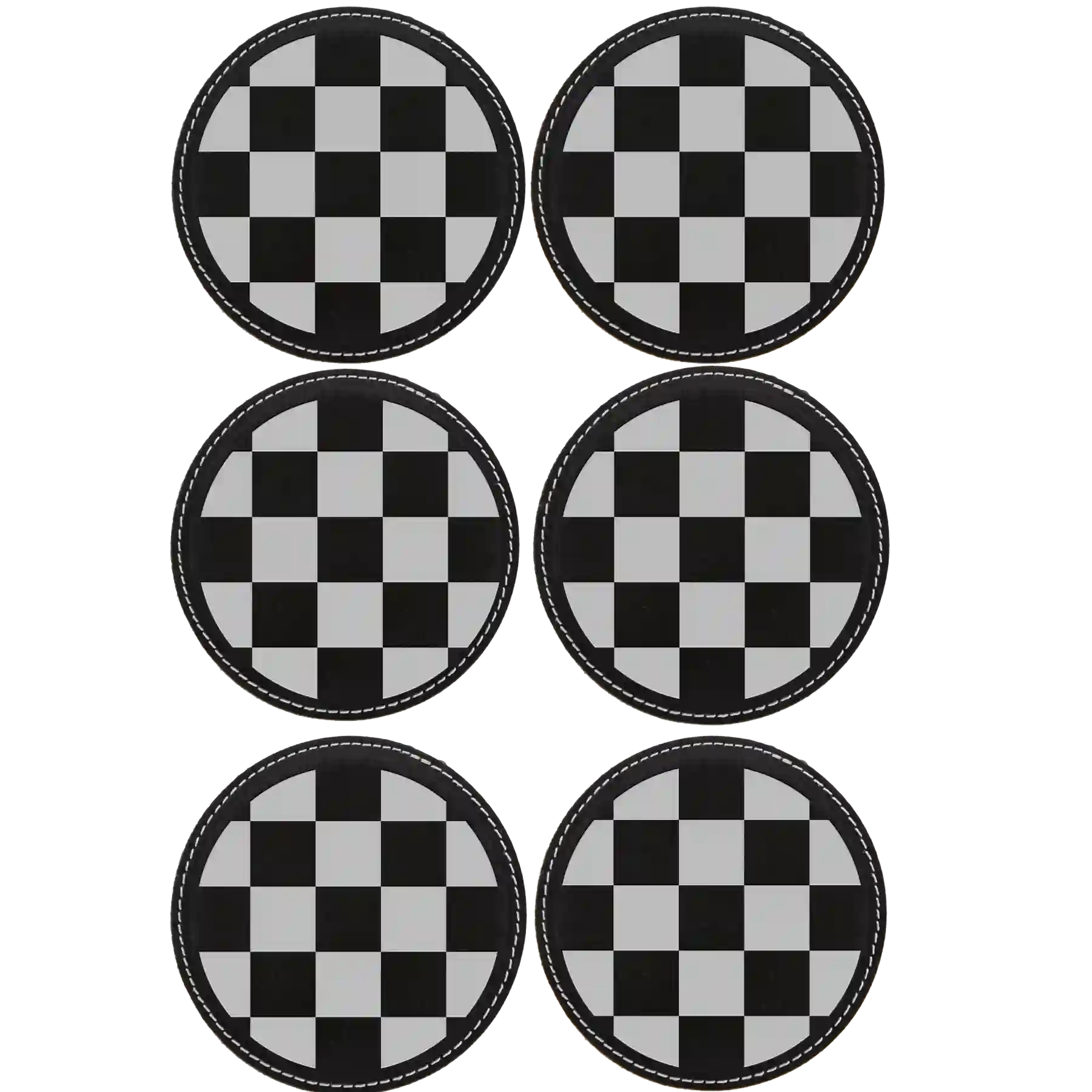 Black/Silver round leatherette coasters set and holder laser etched with 'Checkered' design