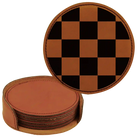 Rawhide round leatherette coasters set and holder laser etched with 'Checkered' design